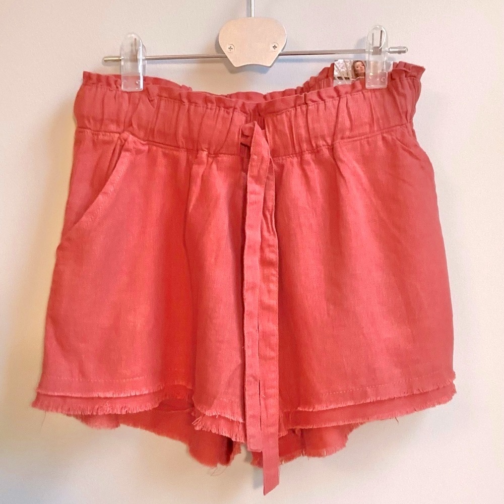 Womens linen shorts with tie band in coral.